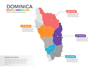 Dominica map infographics vector template with regions and pointer marks