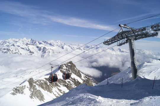 Top station of cablecar and mountain top panorama from Ghiacciaio presena glacier, near town Ponte di legno, italy