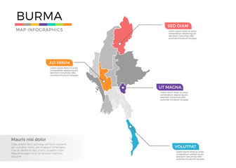 Burma map infographics vector template with regions and pointer marks