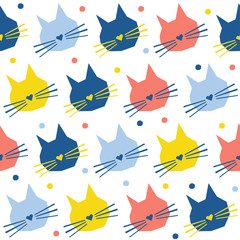 Abstract handmade cat head seamless pattern background. Childish handcrafted cat wallpaper
