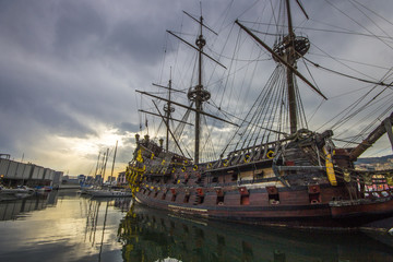 Fototapeta premium The Neptune, a ship replica of a 17th-century Spanish galleon built in 1985 for Roman Polanski's film Pirates. Currently an attraction in the port of Genoa, Italy