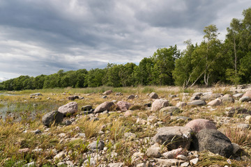Bouldered coast of Baltic Sea in summer, in Puhtu, Estonia.