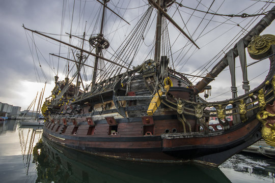 The Neptune, a ship replica of a 17th-century Spanish galleon built in 1985 for Roman Polanski's film Pirates. Currently an attraction in the port of Genoa, Italy