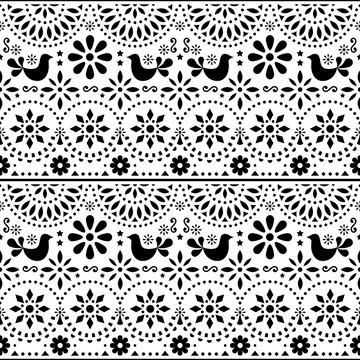 Mexican folk art vector seamless pattern with birds and flowers, black and white fiesta design inspired by traditional art form Mexico 
