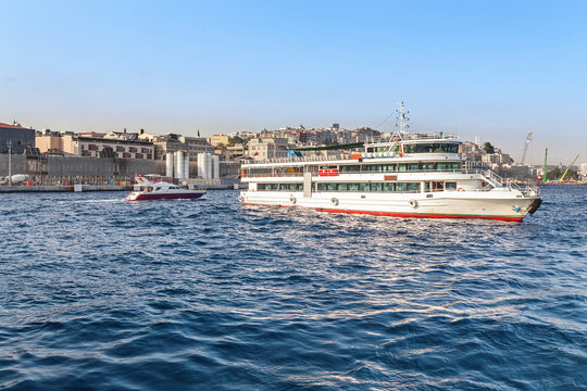 Panoramic view of Golden Horn with transport ships and boats