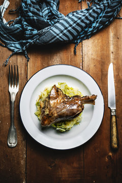 Braised lamb shank dinner.