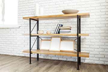 modern wooden rack in the loft interior
