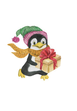 Watercolor painting cartoon penguin dances. Winter set