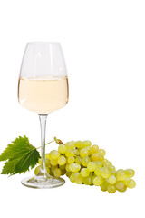 Glass of wine with grapes and leaves isolated on white with sample text