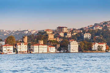Ancient fortress Rumelihisar and palace on the coast of the Marmara Sea, view from the side of the...