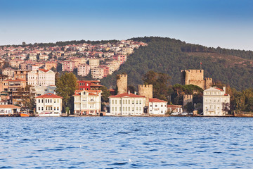 Ancient fortress Rumelihisar and palace on the coast of the Marmara Sea, view from the side of the Bosphorus Strait