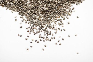 Chia seeds on white background. Isolated. Copy space.