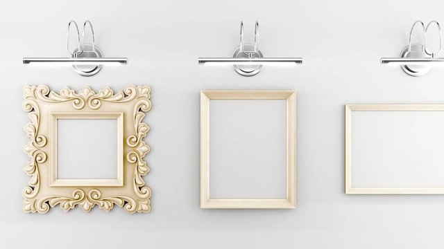 Gallery Exhibition. Empty artistic picture frames with a spotlight lamps which are mounted on interior wall background. 3d rendered animation with cyclical seamless pan movement and luma matte channel