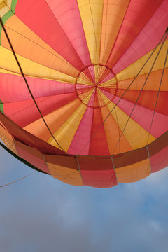 hot air balloon canopy, viewed from within the basket, looking up