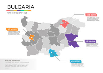 Bulgaria map infographics vector template with regions and pointer marks