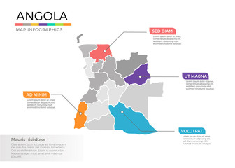 Angola map infographics vector template with regions and pointer marks