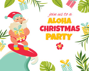 Holiday greeting card with tropical background and Aloha Santa Claus