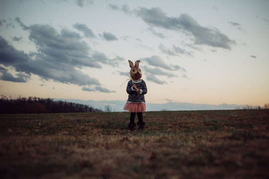 Young Girl Wearing Golden Rabbit Mask in Field