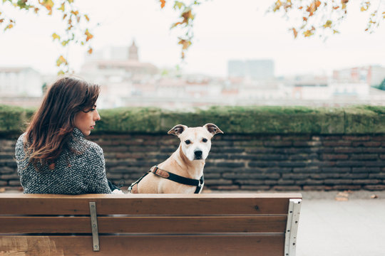 Woman sitting on a bench with her dog