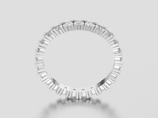 3D illustration white gold or silver eternity band diamond ring with reflection and shadow