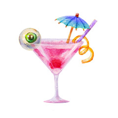 Colorful Watercolor zombie cocktail with eye illustration isolated on white background. Perfect for Happy Halloween congratulation design
