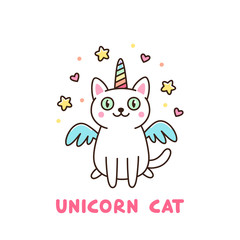Cute white cat in a unicorn costume with wings and rainbow horn. It can be used for sticker, patch, phone case, poster, t-shirt, mug and other design.