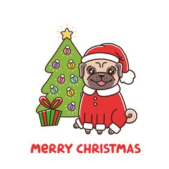 Сute dog breed pug in Santa Claus costume. Christmas tree with a garland and a gift. Merry Christmas card. It can be used for sticker, patch, phone case, poster, t-shirt, mug and other design.