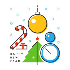 Happy 2018 new year flat thin line vertical colorful greeting card design. Isolated snow flakes, gift box, star, tree, clock, candy & balls on white background.