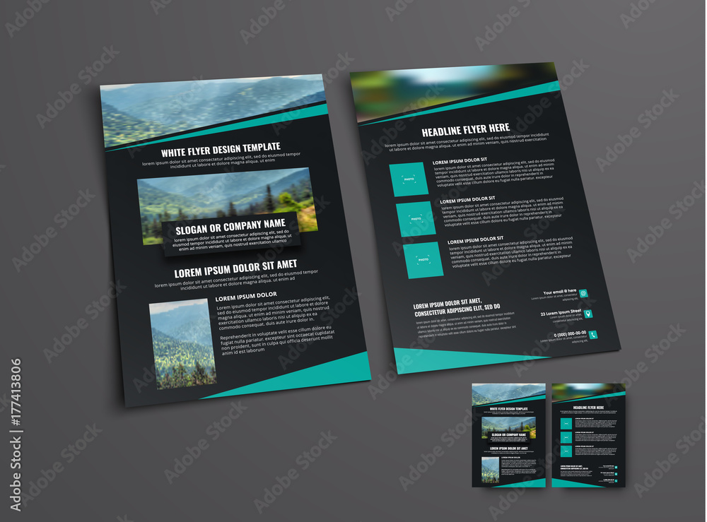 Poster template for the front and back pages of a black flyer with a diagonal line for the photo