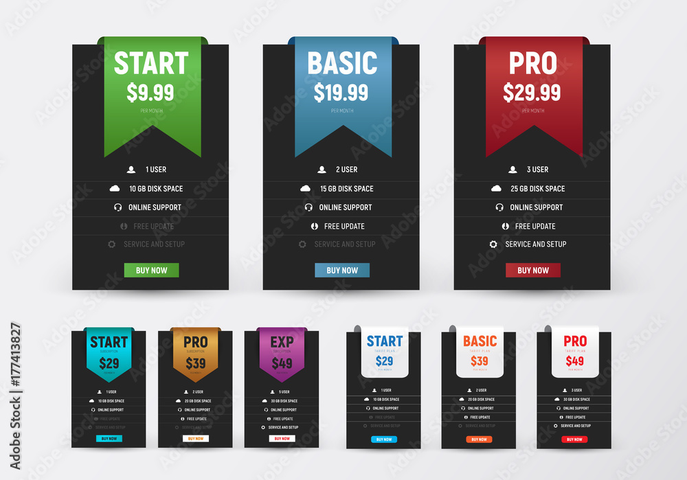 Poster set of black vector price tables with colored ribbons and arrows