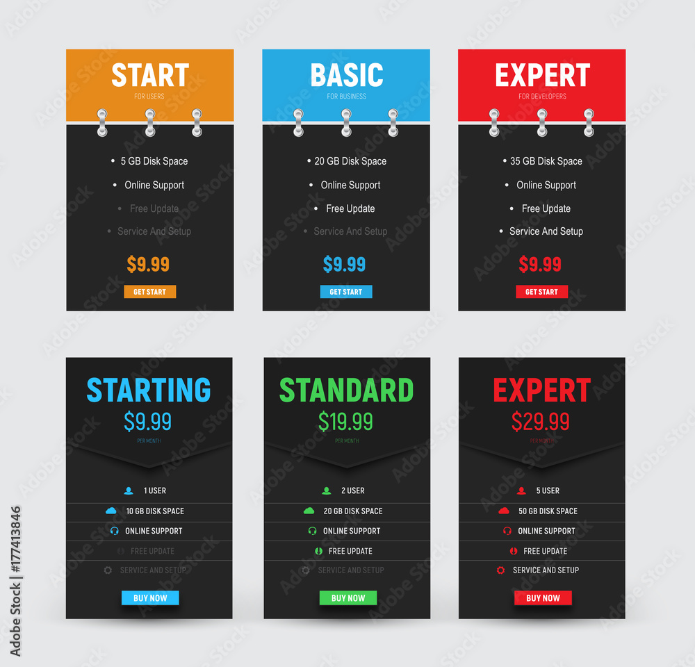Poster set of black vector price tables with a flipchart on metal rings and a color header