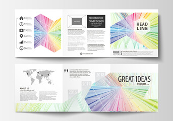 Set of business templates for tri fold square brochures. Leaflet cover, flat layout, easy editable vector. Colorful background with abstract waves, lines. Bright color curves. Motion design.
