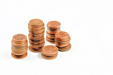 Stack of Eurocent coins on white background.