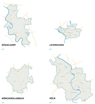 Karten der Städte Köln, Düsseldorf, Mönchengladbach und Leverkusen.