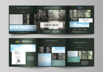 Templates for tri fold square design brochures. Leaflet cover, vector layout. Colorful background made of triangular or hexagonal texture, travel business, natural landscape, polygonal style.