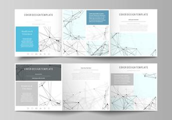 Business templates for tri fold square design brochures. Leaflet cover, abstract vector layout. Chemistry pattern, connecting lines and dots, molecule structure on white, geometric graphic background.