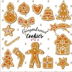 COLLECTION OF CHRISTMAS GINGERBREAD COOKIES. TRENDY HOLIDAY HOMEMADE DECORATION DESIGN. 