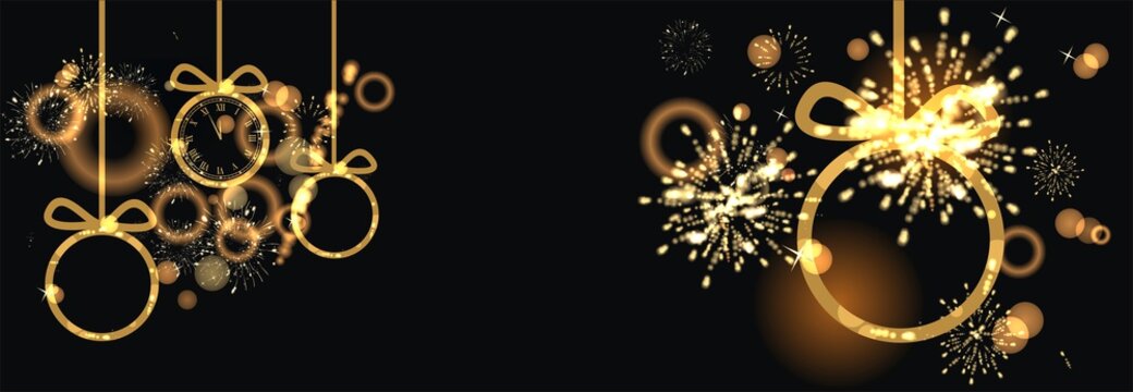 Banner zum Jahreswechsel mit Feuerwerk und Uhr