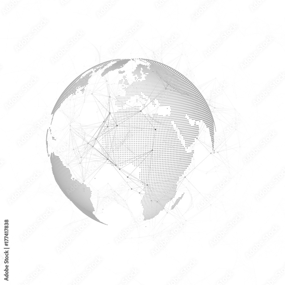 Poster dotted world map with chemistry pattern, connecting lines and dots. molecule structure on white. sci
