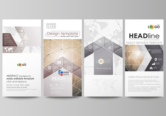 The minimalistic abstract vector illustration of the editable layout of four modern vertical banners, flyers design business templates. Global network connections, technology background with world map