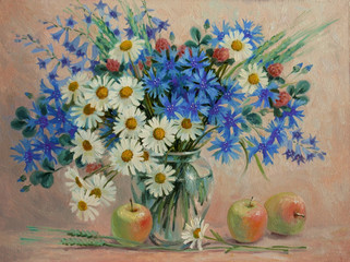 A bouquet of field flowers of cornflower and apples are painted with oil paints on canvas, a small summer still-life.