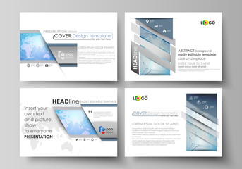 Fototapeta na wymiar The minimalistic abstract vector illustration of the editable layout of the presentation slides design business templates. World map on blue, geometric technology design, polygonal texture.