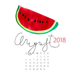 Calendar 2018. First day of the week is Sunday. Abstract vector watercolor watermelon. Summer fruit template. Black ink lettering.