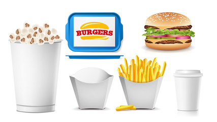 Fast Food Mock Up Set Vector. White Clean Blank. Template For Branding Design. Fast Food Packaging. Isolated On White Illustration
