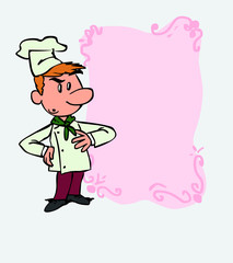 Worried white chef. Is showing, as if he were in front of a blackboard, the data you want.