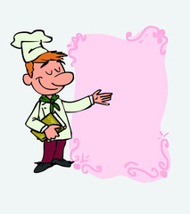 White chef points, relaxed, with a book in his hand. Is showing, as if he were in front of a blackboard, the data you want.