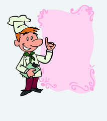 happy white chef is showing, as if he were in front of a blackboard, the data you want. He has a folder in his hand.