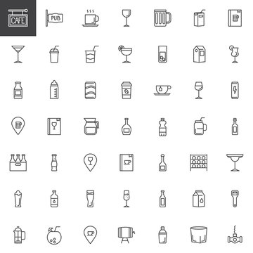 Cafe, bar drinks and beverages line icons set, outline vector symbol collection, linear style pictogram pack. Signs, logo illustration. Set includes icons as cocktails, pub, menu, champagne, corkscrew