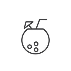 Coconut with fresh cocktail line icon, outline vector sign, linear style pictogram isolated on white. Symbol, logo illustration. Editable stroke