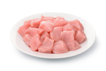 Plate with raw chicken fillet chunks